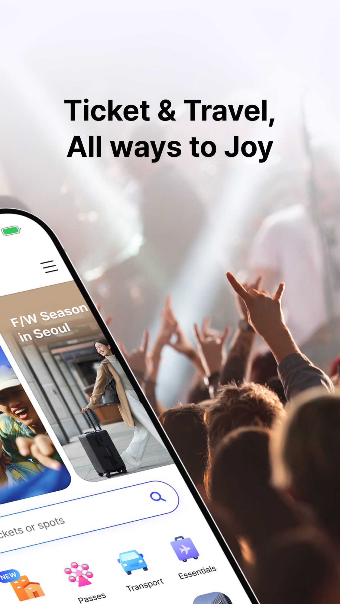 NOL World App Store marketing graphic with the tagline Ticket & Travel, All ways to Joy, showing the app over a concert crowd.