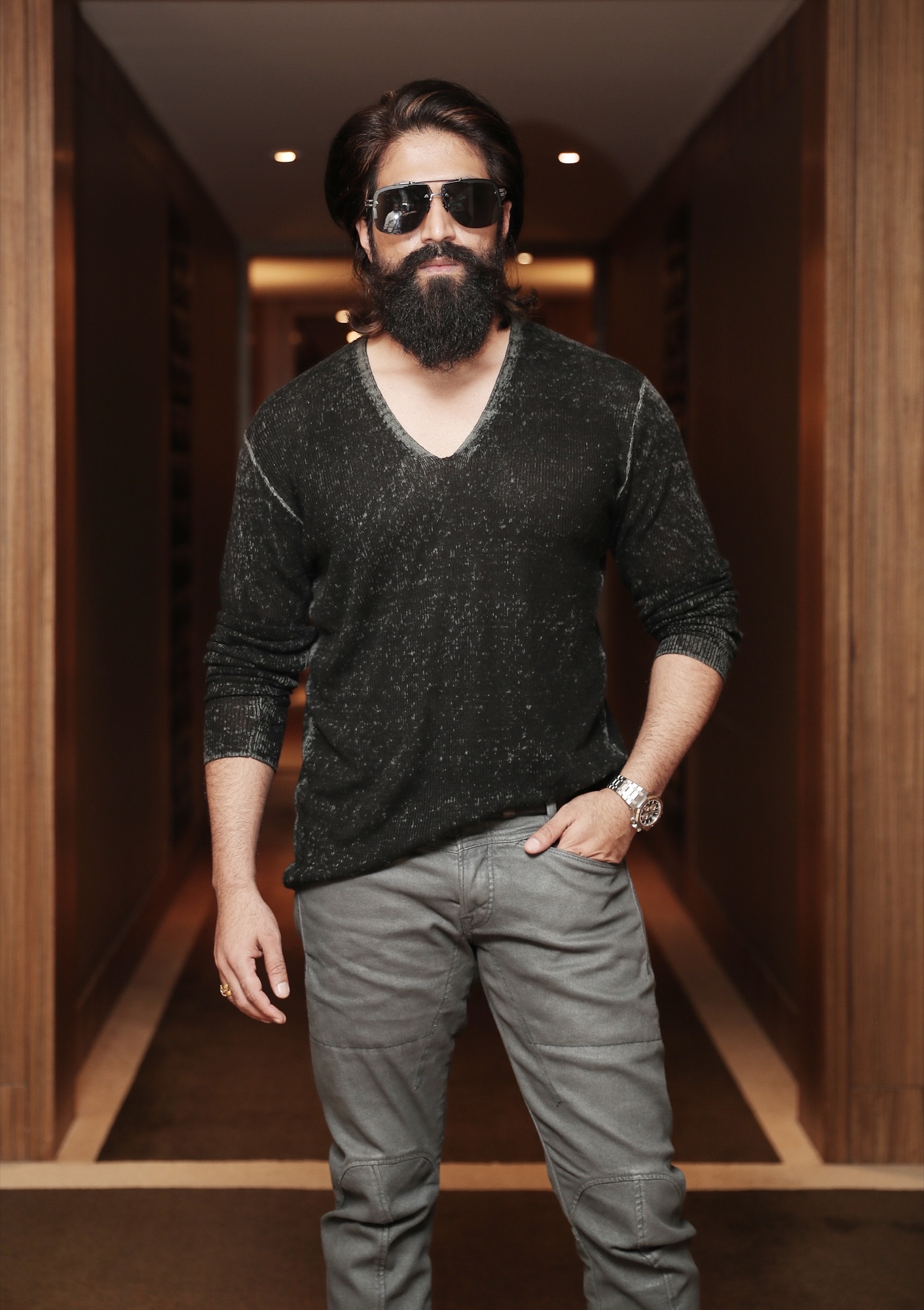 Yash in sunglasses, black sweater, and grey jeans at a KGF Chapter 2-era photoshoot in April 2022.