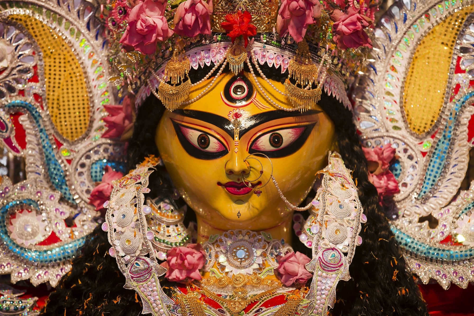 Close-up of a Durga idol from Bay Area Prabasi’s Golden Jubilee puja materials.