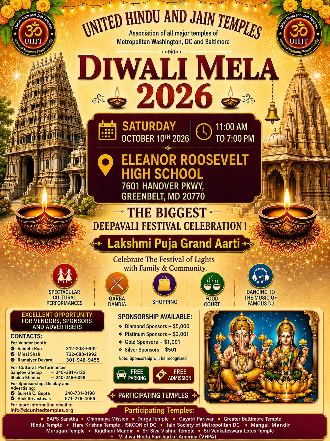 Official UHJT Diwali Mela 2026 flyer listing Eleanor Roosevelt High School in Greenbelt on October 10.
