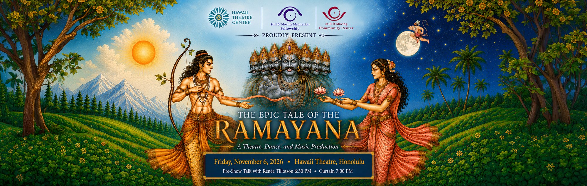 Promotional artwork for The Epic Tale of the Ramayana at Hawaiʻi Theatre on November 6, 2026, with Rama, Sita, Ravana, and Hanuman.