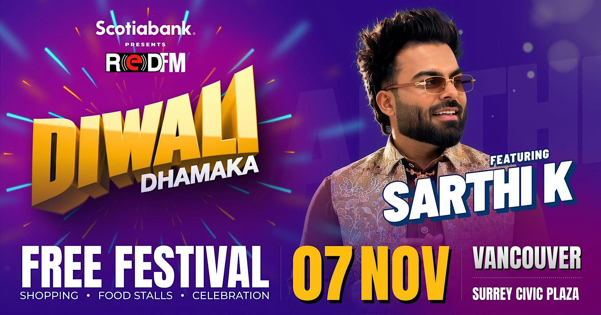 RED FM Diwali Dhamaka promo art featuring Sarthi K for the free Surrey Civic Plaza festival on November 7.