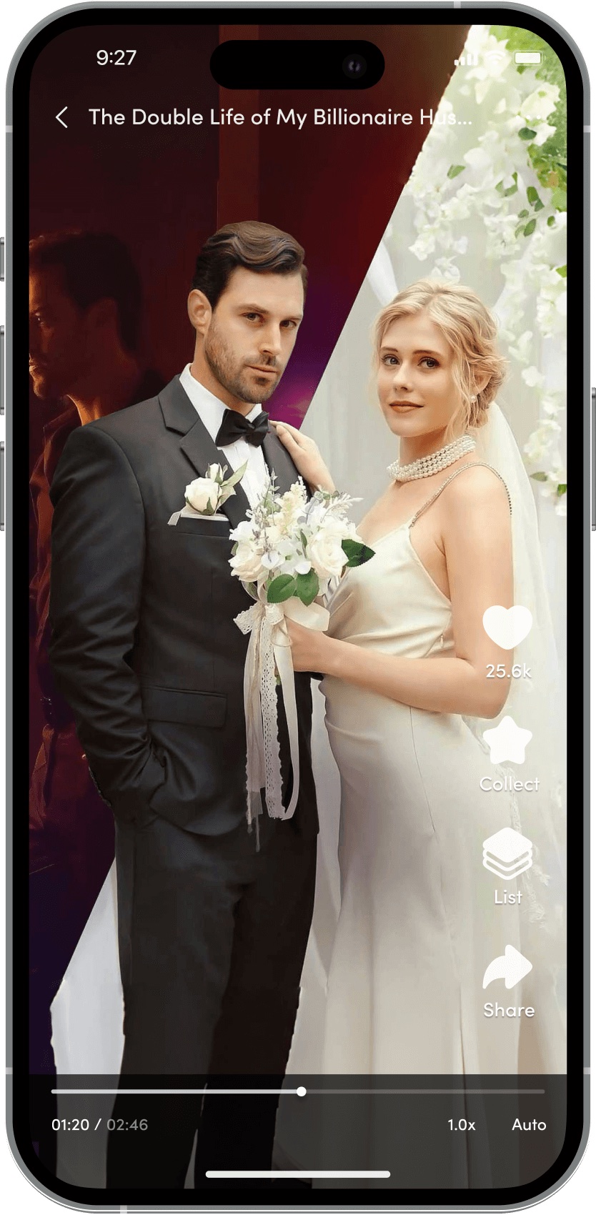 ReelShort app on a phone screen playing a vertical wedding-scene microdrama with likes, share icons, and a two-minute episode timer.