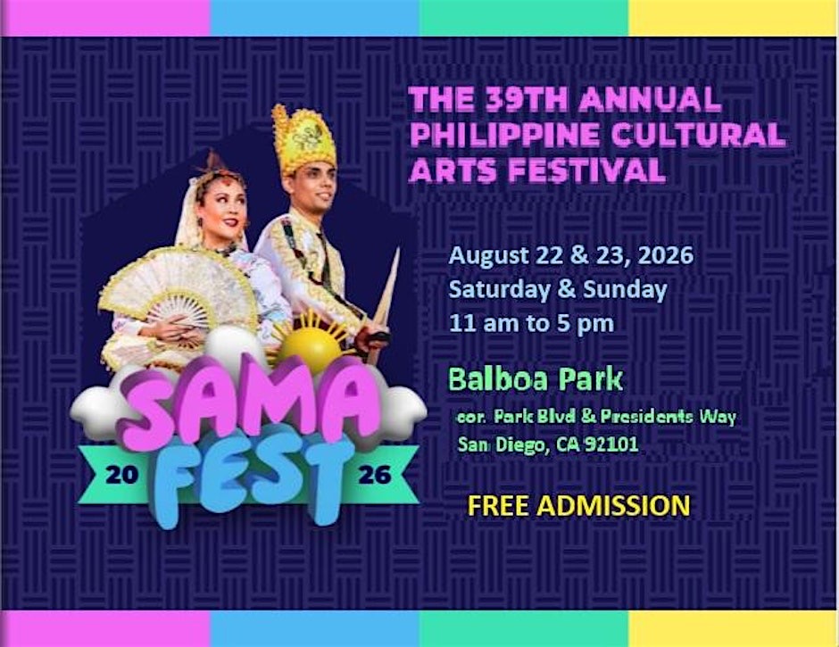 Promotional image for SAMAFEST 2026 Philippine Cultural Arts Festival at Balboa Park.