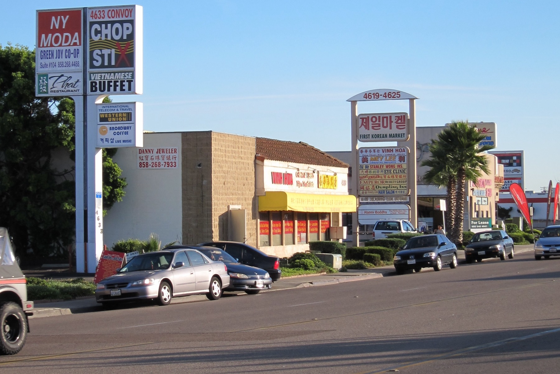 Street view along the Convoy District in Kearny Mesa, San Diego.