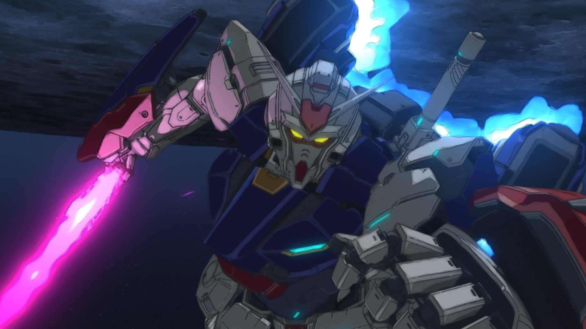 Official Mobile Suit Gundam RG XARX-ZERO trailer still of Gundam Zero charging through space with a magenta beam saber.