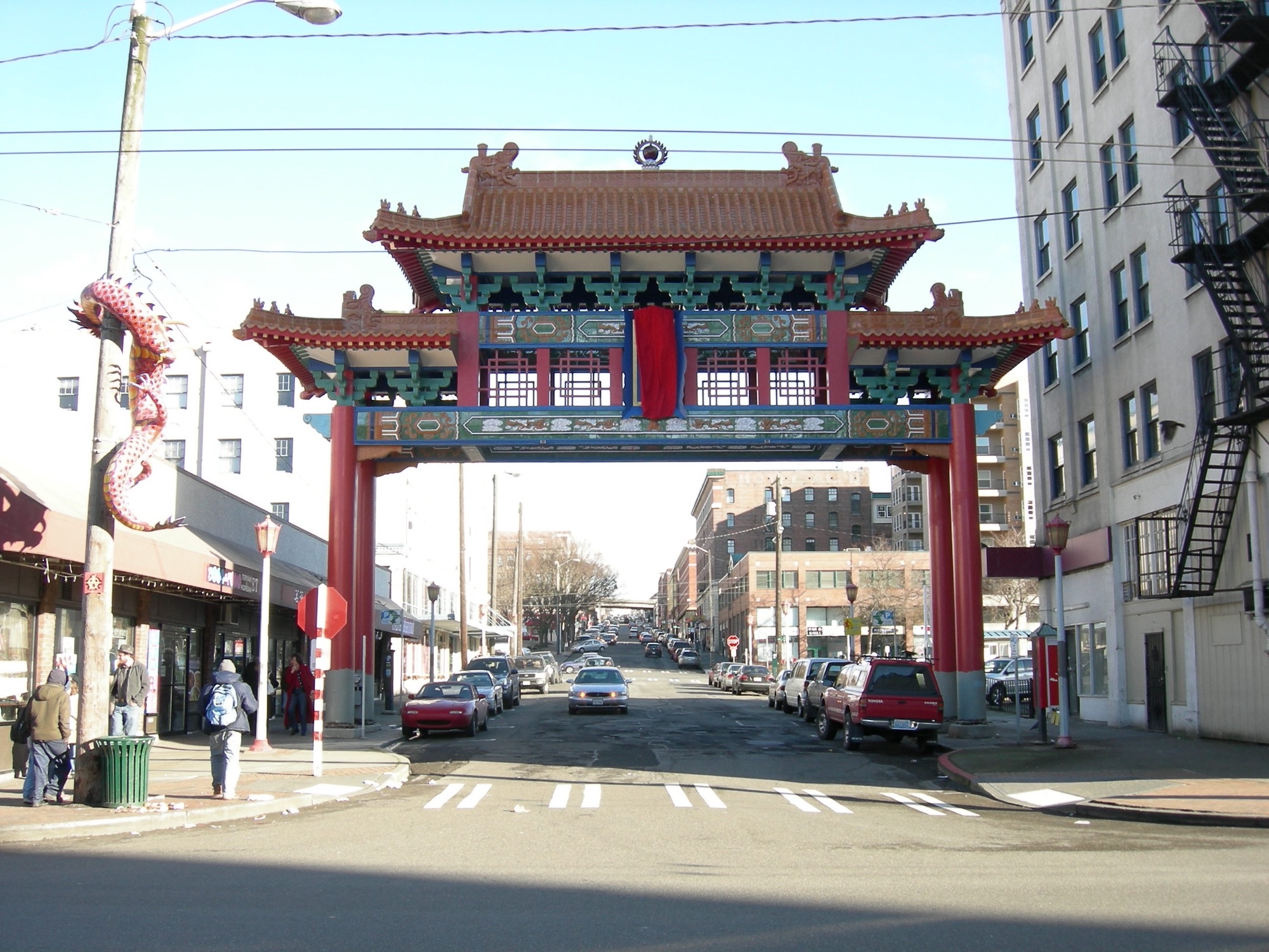 Historic Chinatown Gate spanning South King Street in Seattle's International District.