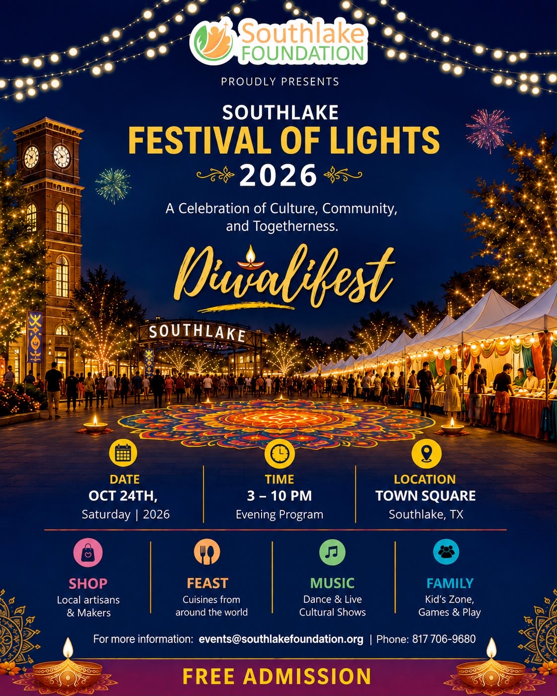 Official Southlake DiwaliFest 2026 flyer for Town Square on October 24, listing free admission and evening program hours.
