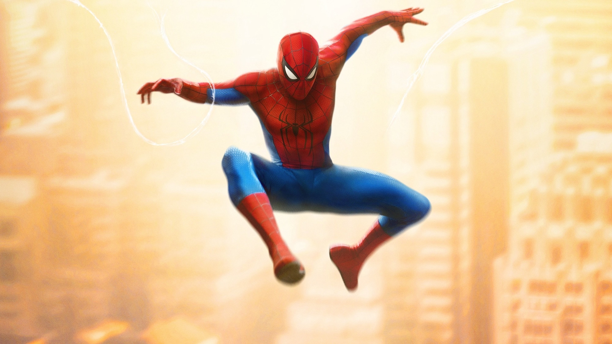 Spider-Man in the red-and-blue Brand New Day suit crouches mid-air above a sunlit city skyline.
