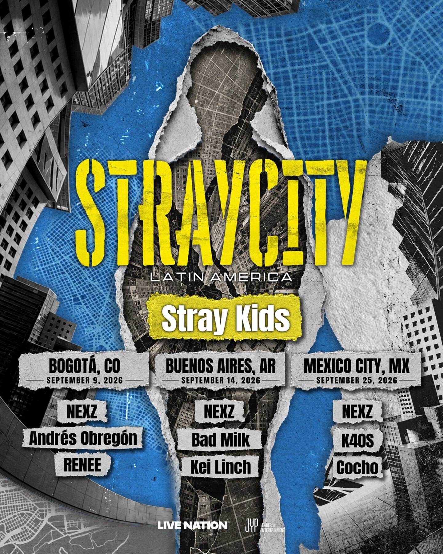 Official Live Nation STRAYCITY Latin America poster with yellow stencil type, a torn-paper city-map figure, and Stray Kids dates in Bogotá, Buenos Aires, and Mexico City.