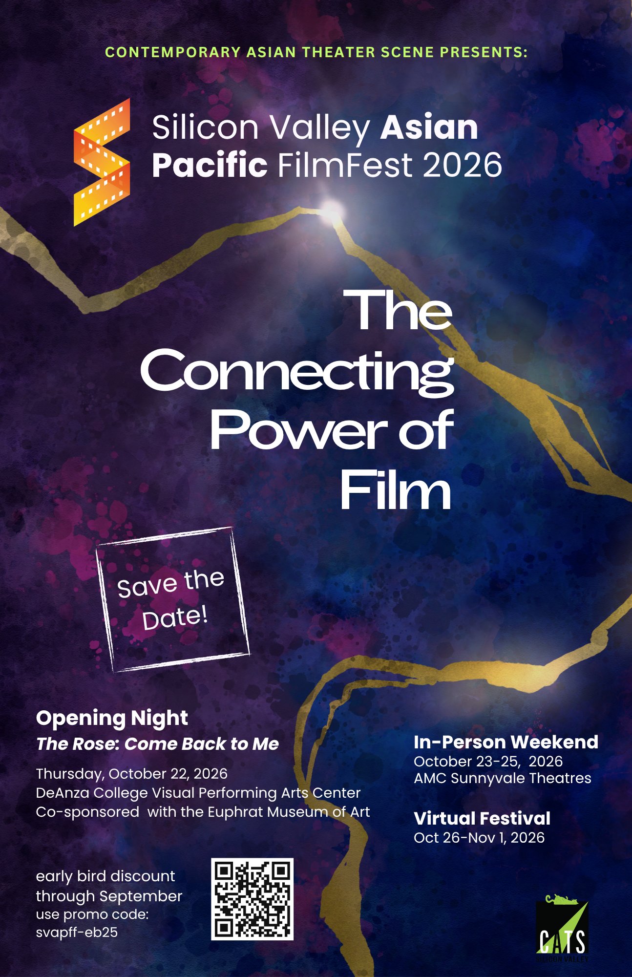 Official 2026 Silicon Valley Asian Pacific FilmFest jumbo postcard listing De Anza opening night, AMC Sunnyvale weekend dates, and virtual week.
