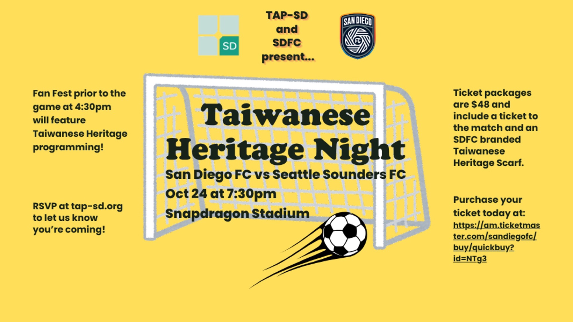 Official TAP San Diego and San Diego FC flyer for Taiwanese Heritage Night at Snapdragon Stadium versus Seattle Sounders FC.