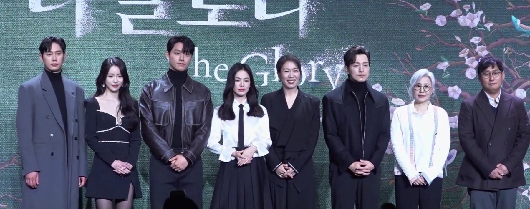 Cast, writer, and director of The Glory at a December 2022 press event, including Song Hye-kyo.