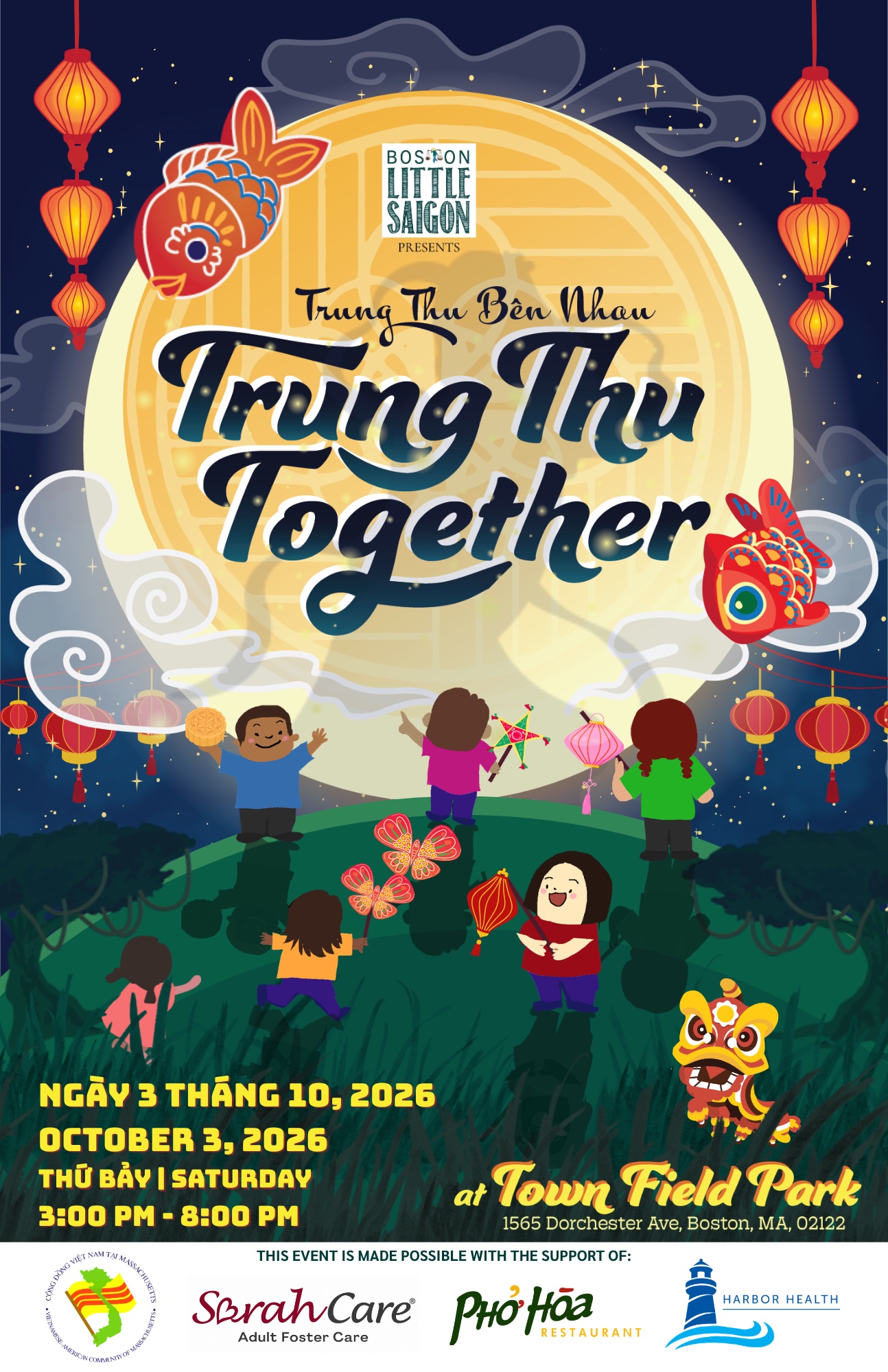 2026 Trung Thu Together festival flyer for Town Field Park in Fields Corner, Dorchester.