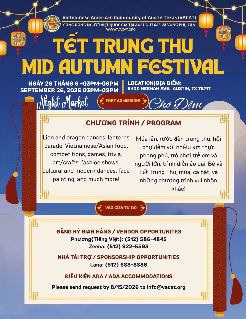 VACAT 2026 Mid-Autumn Festival poster with lantern art, date, and free admission.