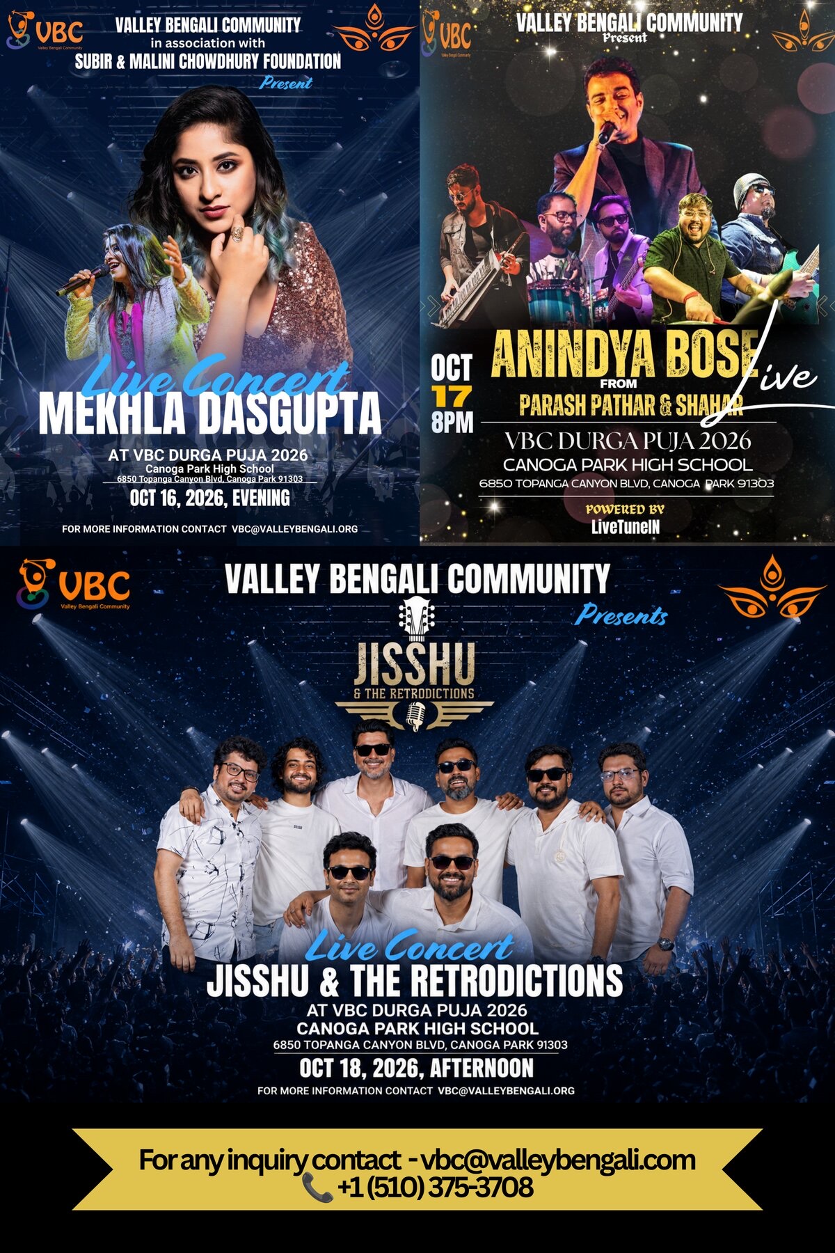 Valley Bengali Community Durga Puja 2026 concert promo collage for Mekhla Dasgupta, Anindya Bose, and Jisshu and The Retrodictions at Canoga Park High School.