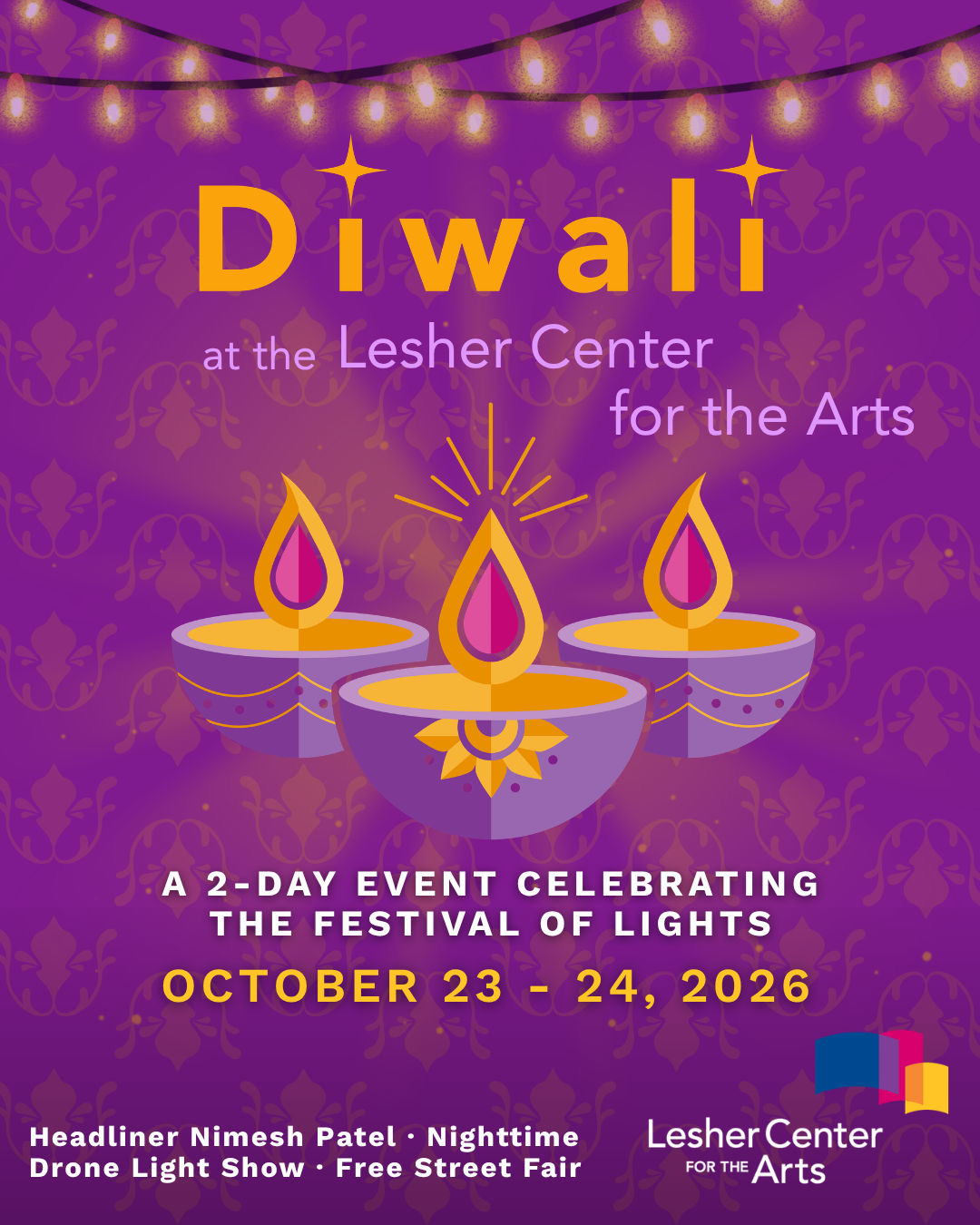 Lesher Center Diwali 2026 promo poster used on Walnut Creek Downtown's street fair listing.