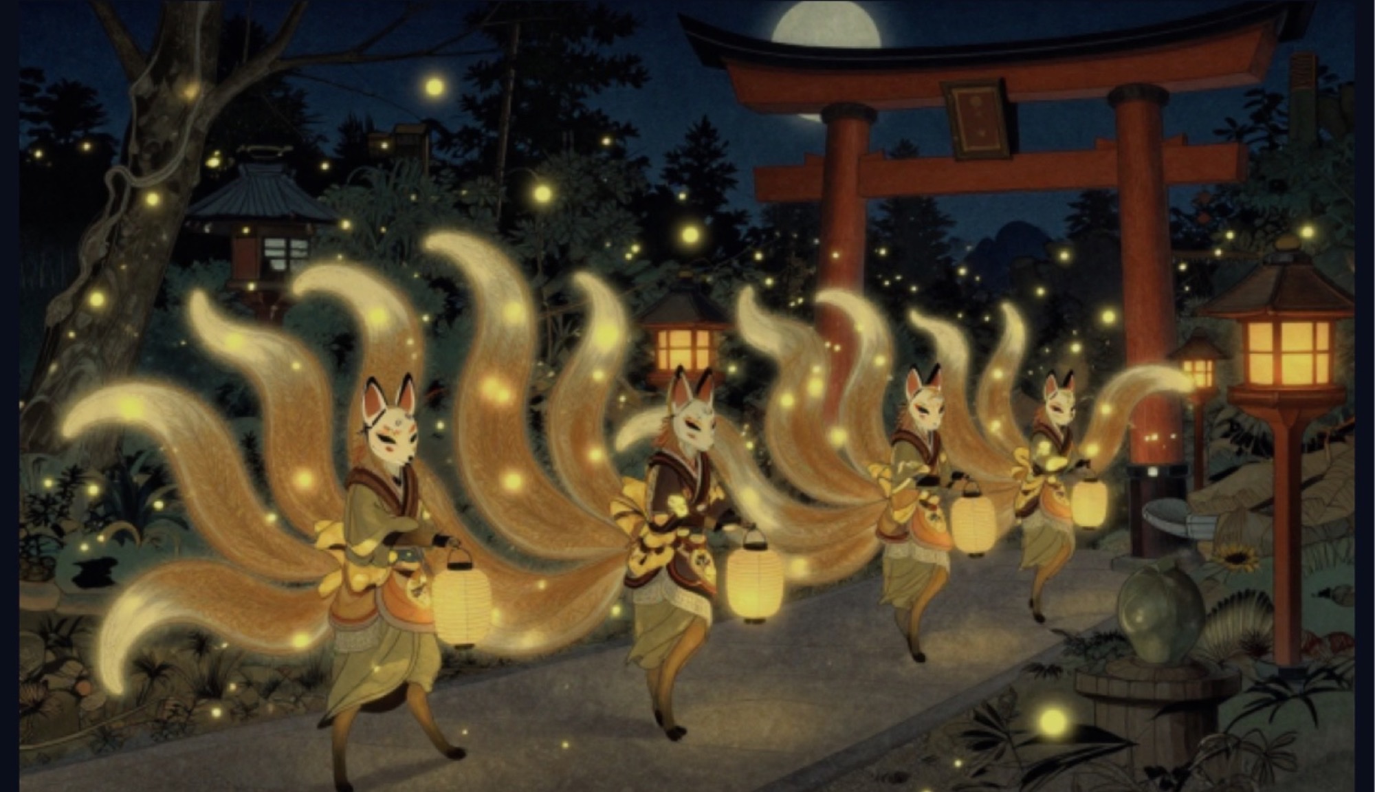 Official Yokai Masquerade art with fox spirits carrying lanterns under a torii at night.